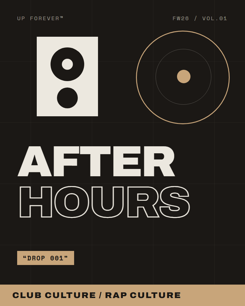 The AFTER HOURS drop poster: a bone speaker cabinet and a camel-ringed cone over the words AFTER HOURS in bone on charcoal, tagged Drop 001